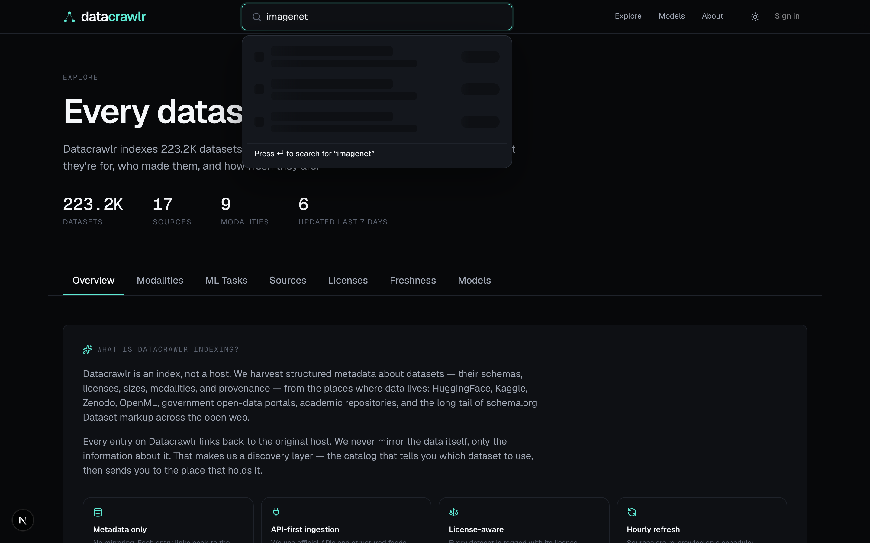 Homepage hero with the type-ahead dropdown open showing dataset matches.