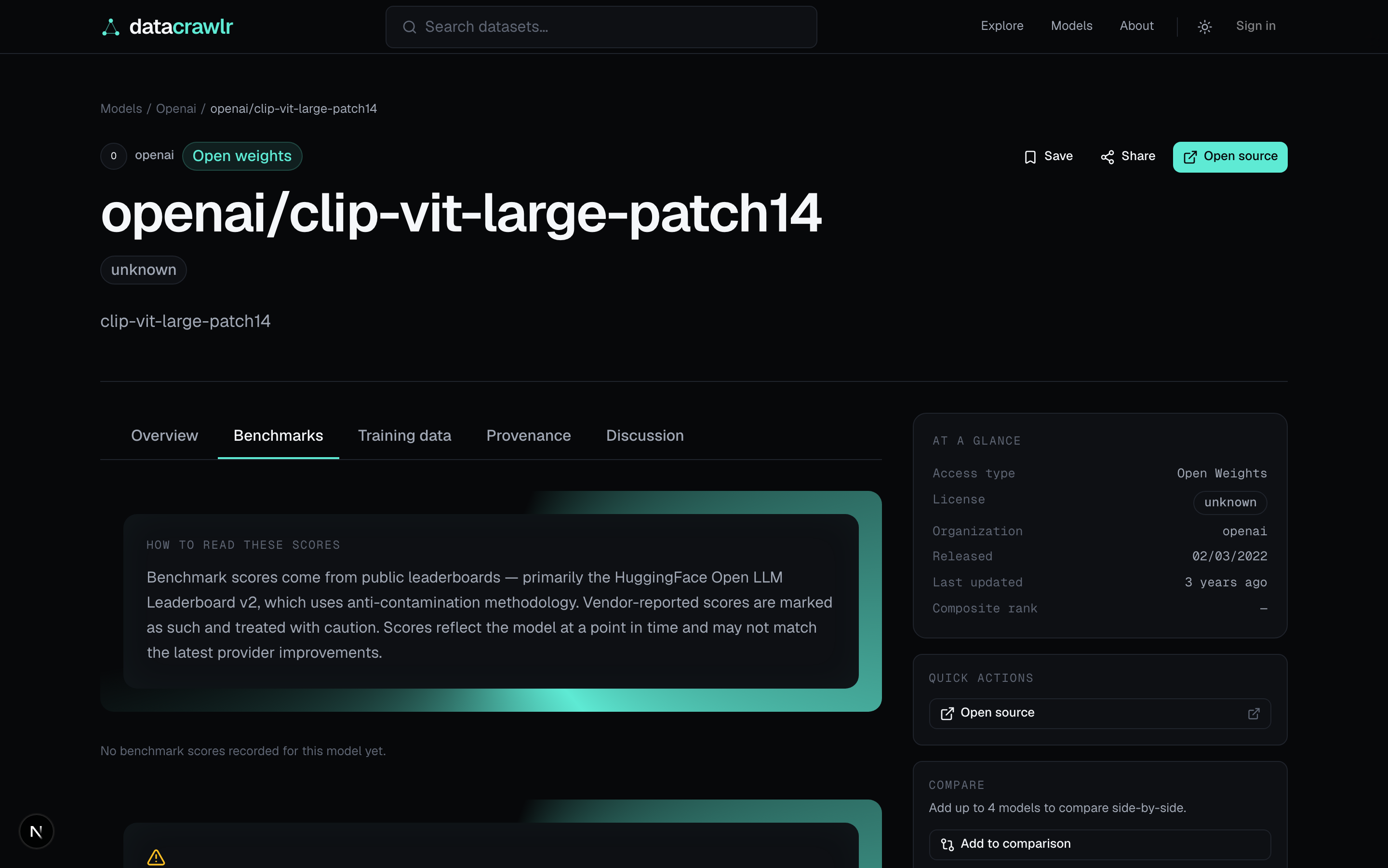 Model detail Benchmarks tab with composite header and per-benchmark cards.