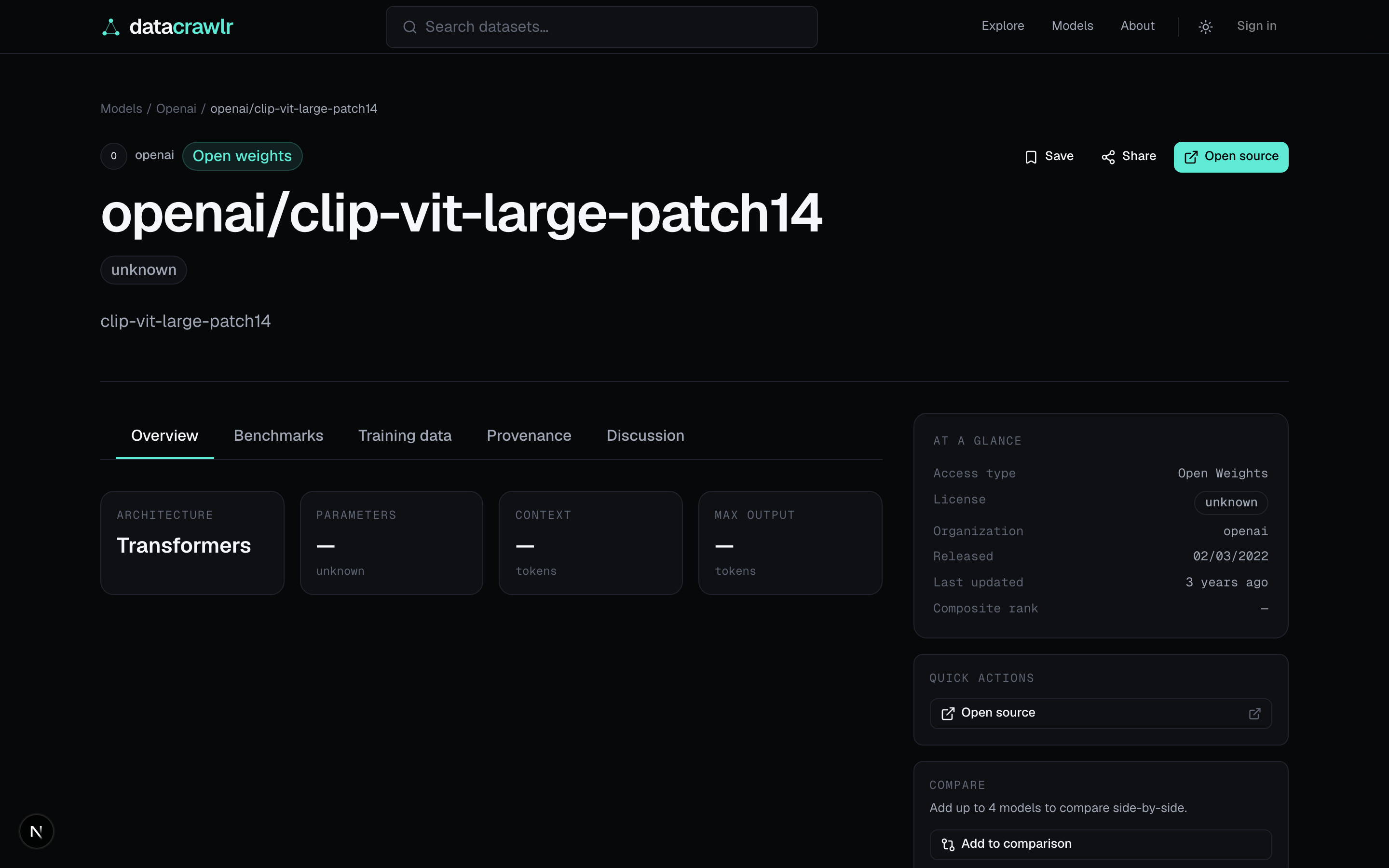 Model detail page showing benchmark bars, license risk pill, and pricing rows.