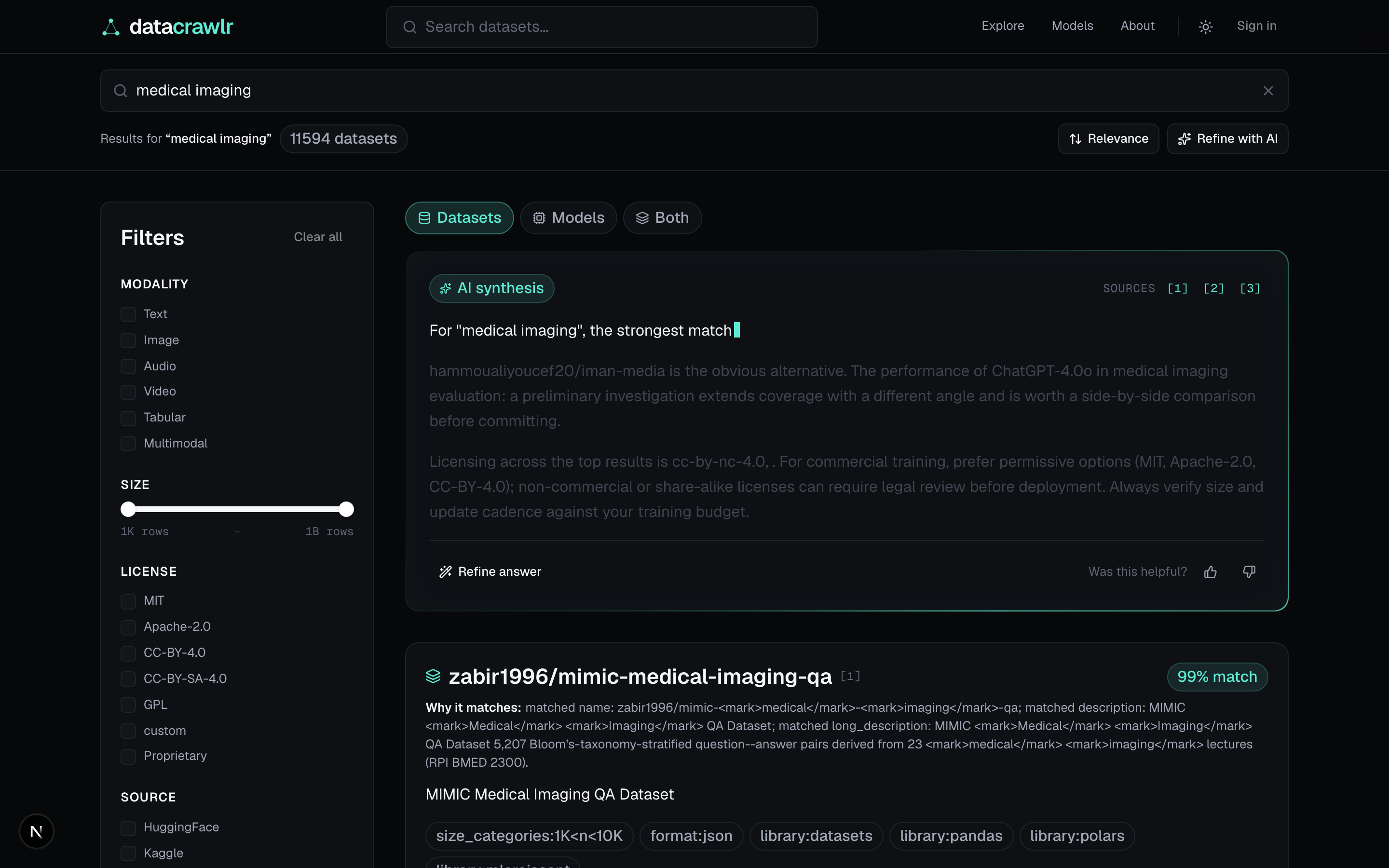 Search results for 'medical imaging' showing an AI synthesis card and ranked dataset cards.